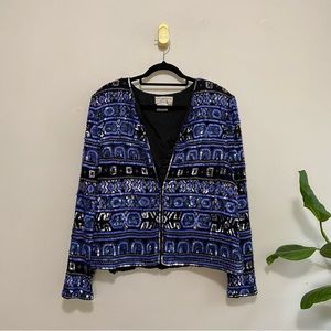 Vintage Papéll Boutique Evening Silk Black Blue Sequin Geometric Pattern Jacket